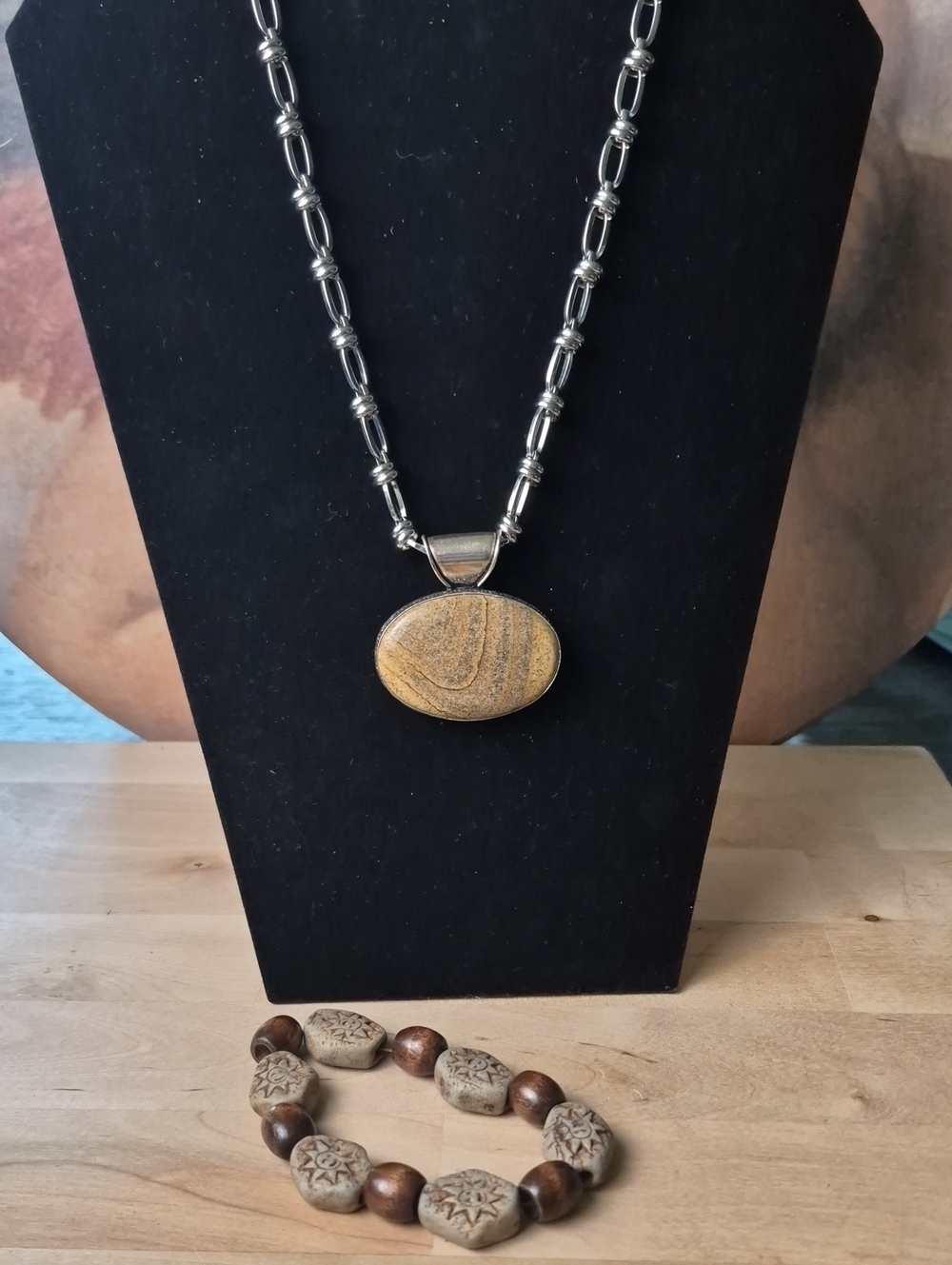 Silver Chain Necklace with Oval Sandstone Pendant - Tan